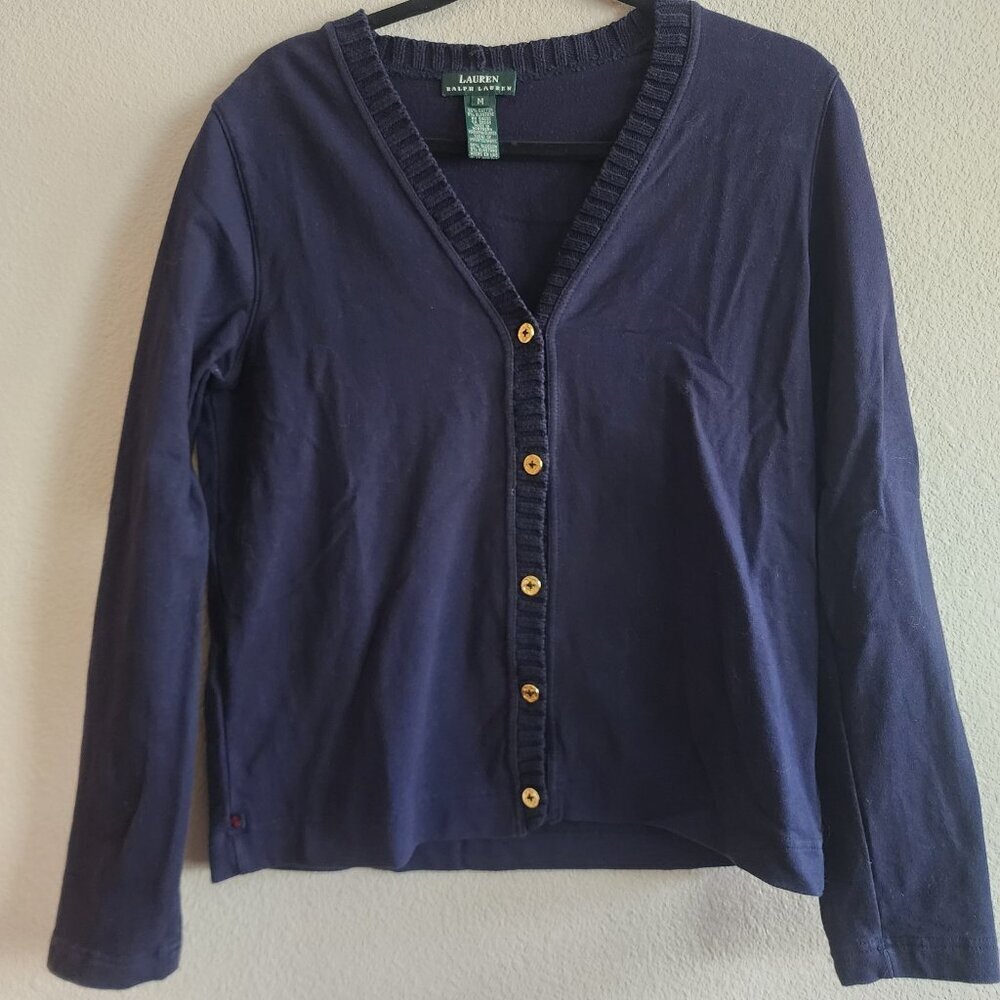 Lauren Ralph Lauren Womens Button Front Cardigan Long Sleeve Navy Blue Size M